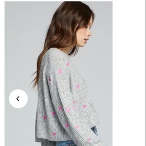 Saltwater luxe xl heathers grey cropped sweater with pink hearts. NWT